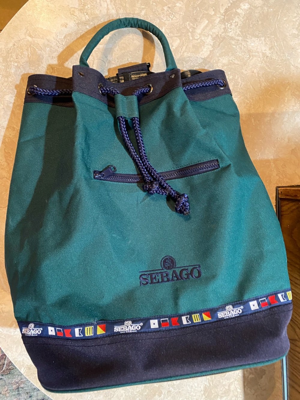 Sebago Green Drawstring Backpack with Navy Trim